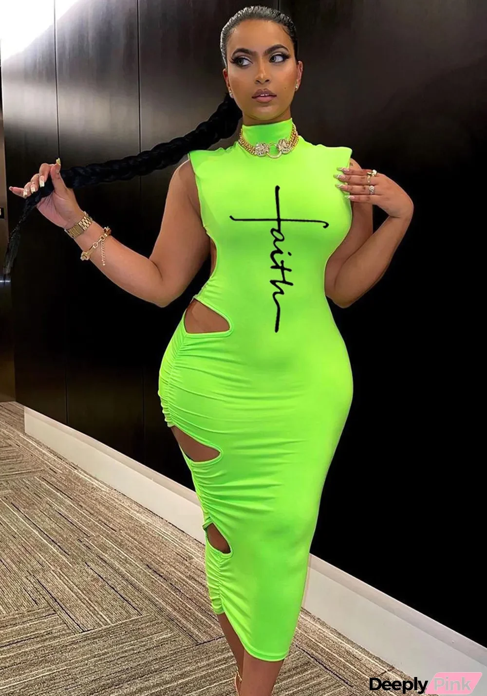 Women Spring Green Sexy Turtleneck Sleeveless Letter Print Hollow Out Midi Dress