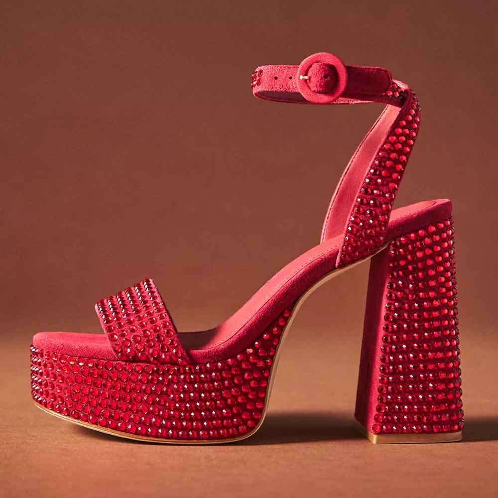 Red Buckle Ankle Strap Chunky Heel Rhinestone Sandals with Platform Nicepairs