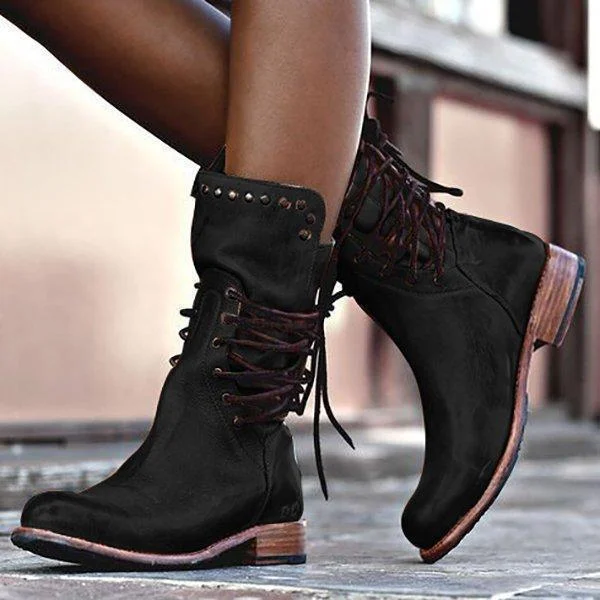 Cool Vintage Back Zipper Lace-Up Mid-calf Boots shopify Stunahome.com