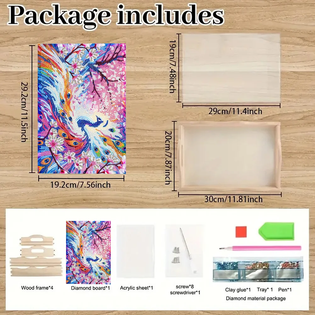 Wooden Peach Blossom Peacock 5D DIY Diamond Painting Tray Art Craft with Handle