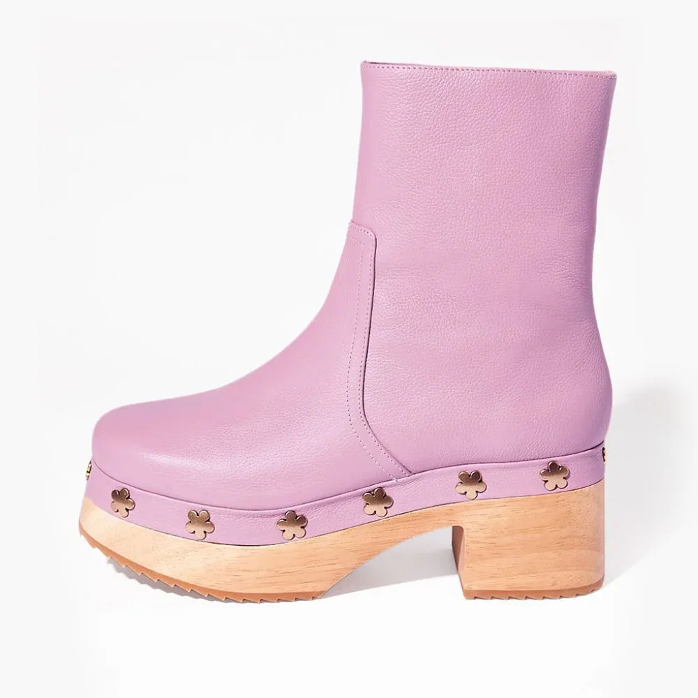 Light Purple Chunky Heel Flower Studded Platform Booties with Zipper