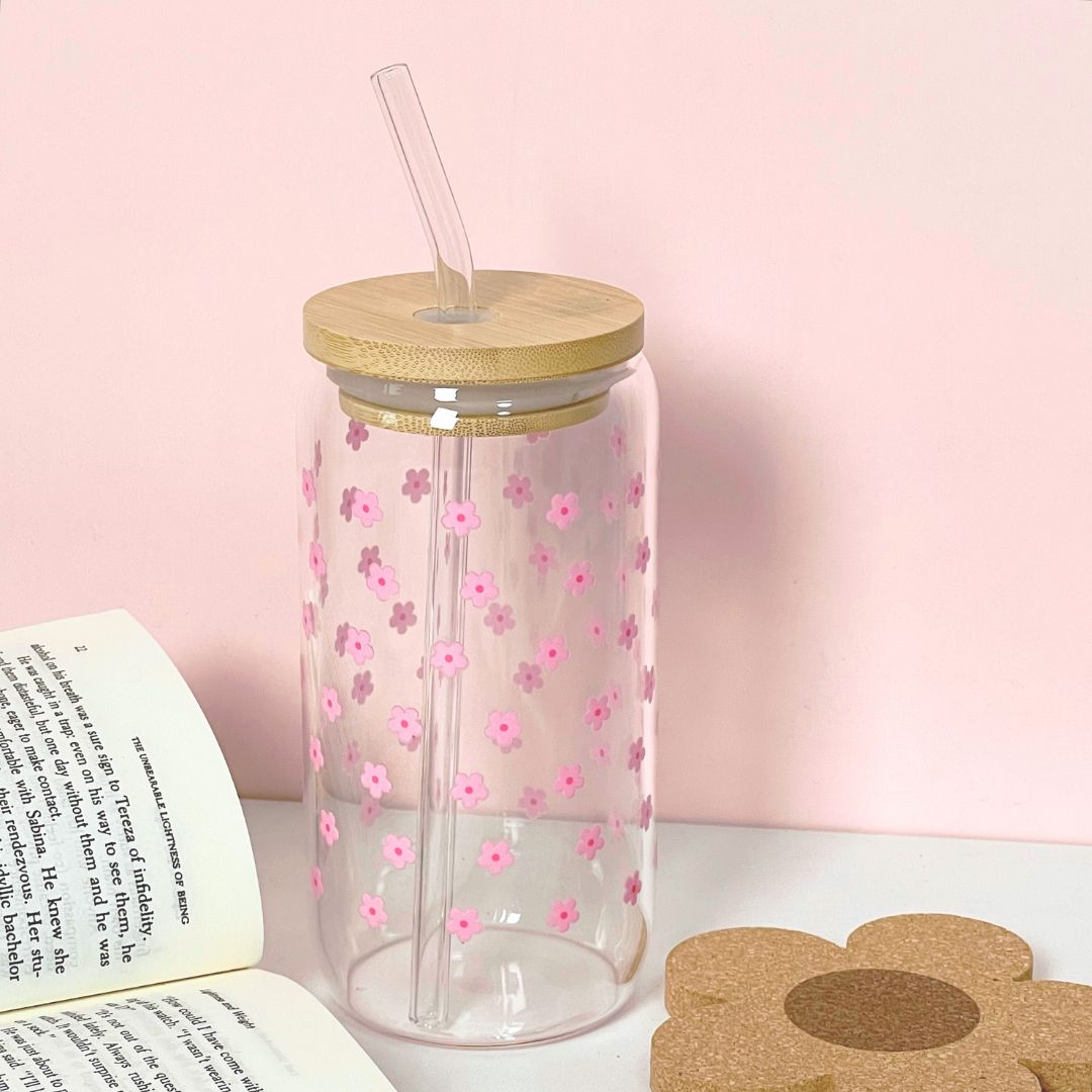 Maneifurui™   Pink Flower Glass Can