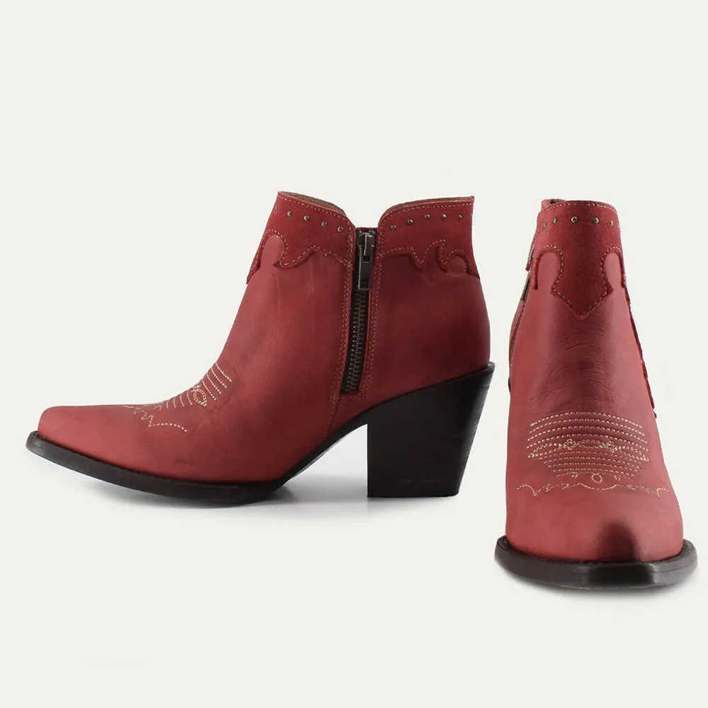Red Snip Toe V-Cut Chunky Heel Studded Cowboy Boots for Women