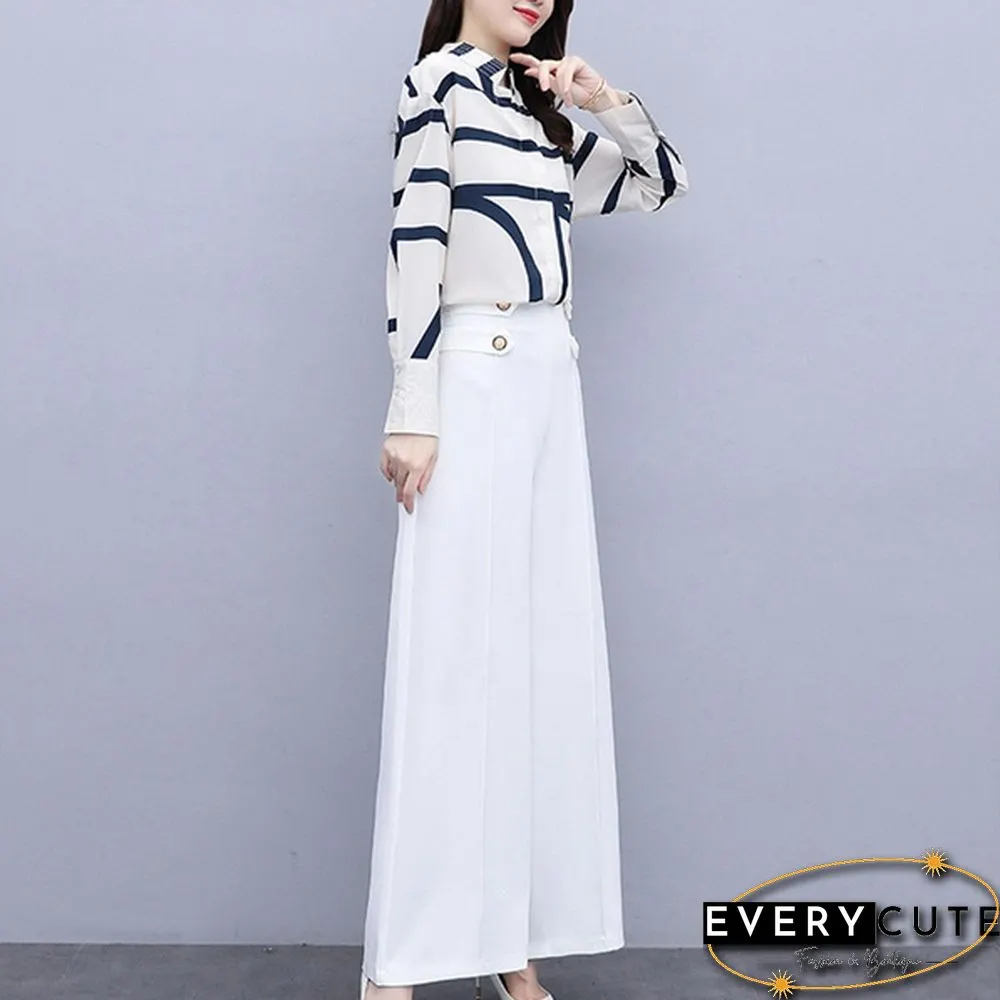 Autumn Fashion Office Two Piece Set Outfits Women Striped Chiffon Shirt Wide Leg Pants