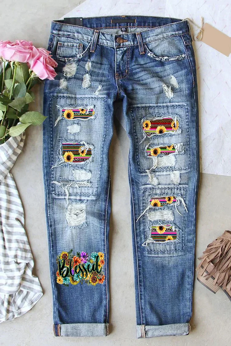 Western Blessed Sunflower Printed Ripped Jeans