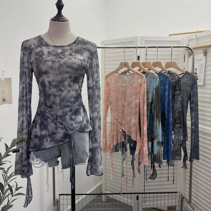 Uveng Irregular Tie With Lotus Leaf Side Tie Print Mesh Yarn Perspective Sunscreen Shirt T-Shirt T-Shirt Short T-Shirt 9928