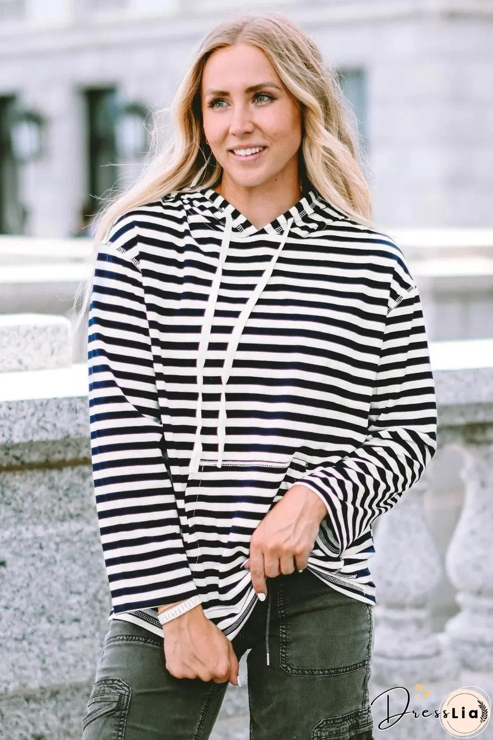 Stripe Kangaroo Pocket Drawstring Hoodie