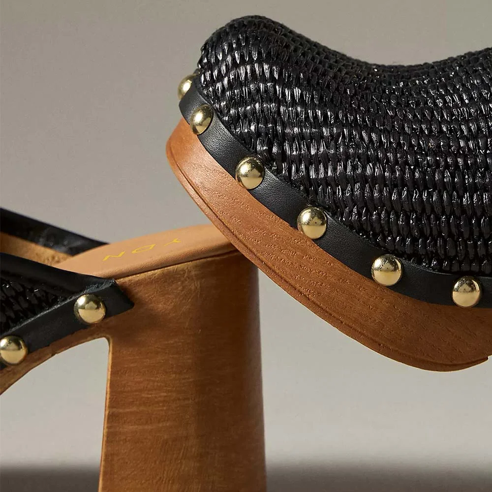 Black Raffia Round Toe Studded Heeled Clogs with Platform