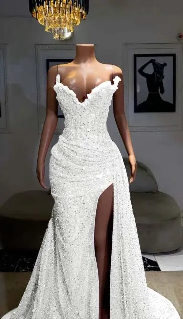 Lussooy Exquisite Purple Strapless Split Mermaid Sleeveless Prom Dress with Sequins  
