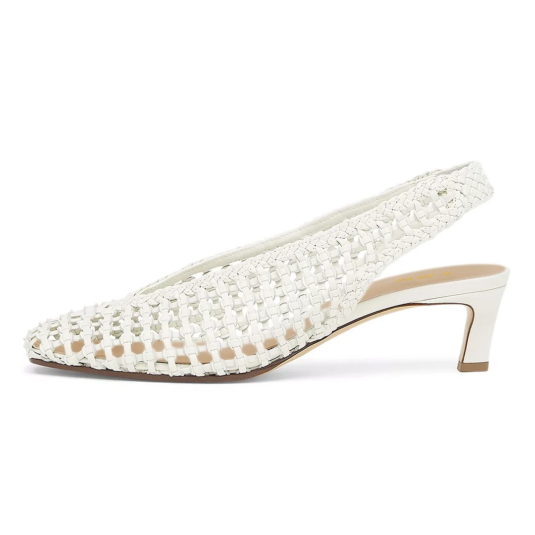Women's Square Toe Kitten Heel Slingback Woven Cut Out White Pumps