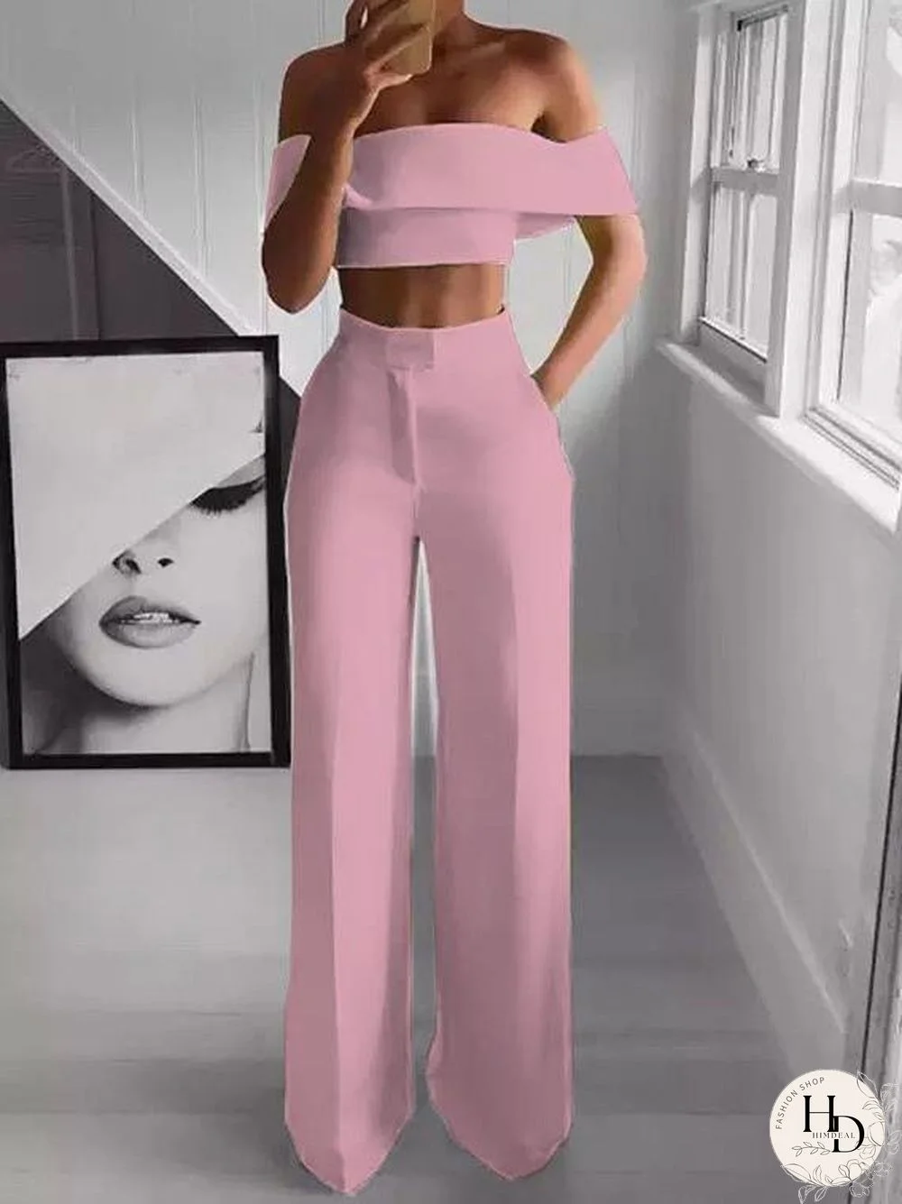 One-Shoulder Crop Top & Mopping Pants Two-Piece Suit