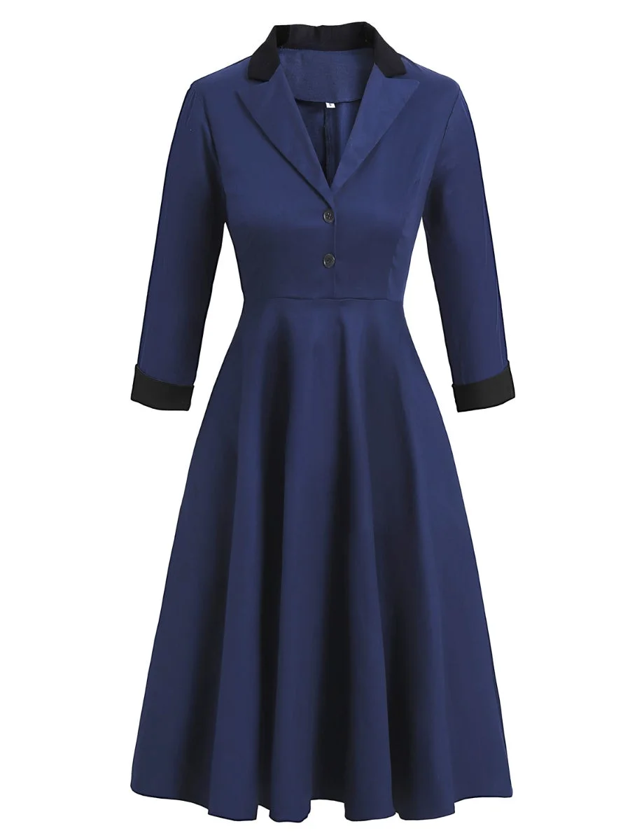 Vintage Suit Dress Lapel Collar Button Long Sleeve Colorblock Swing Dress