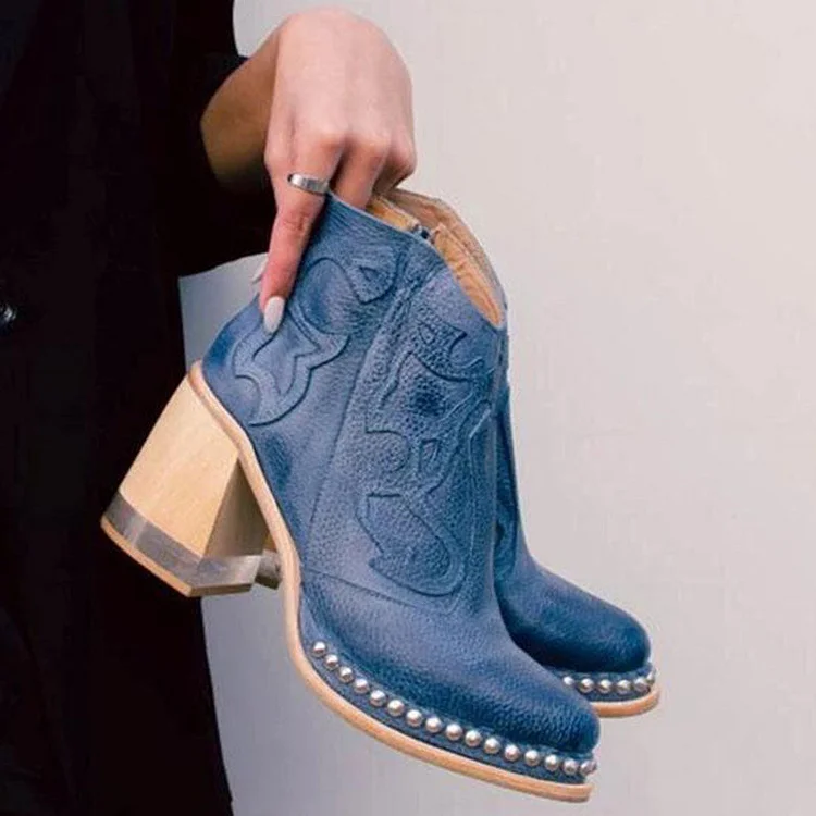 Embroidered Thick Heel Sewing Rivets Ankle Boots