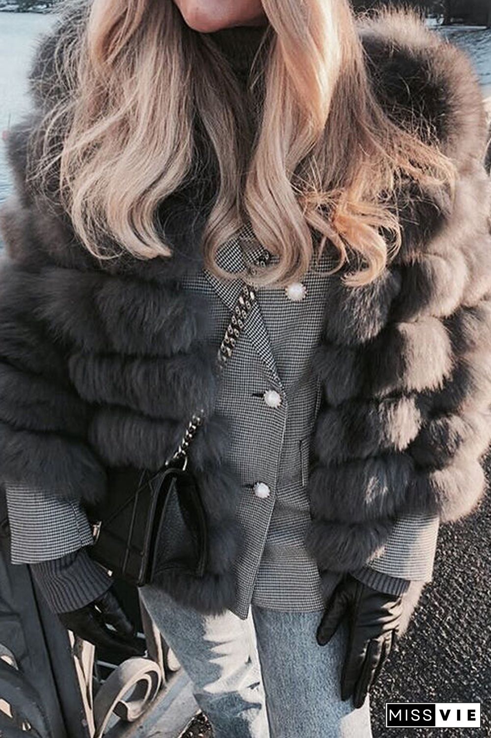 Layer O Neck Faux Fur Coat