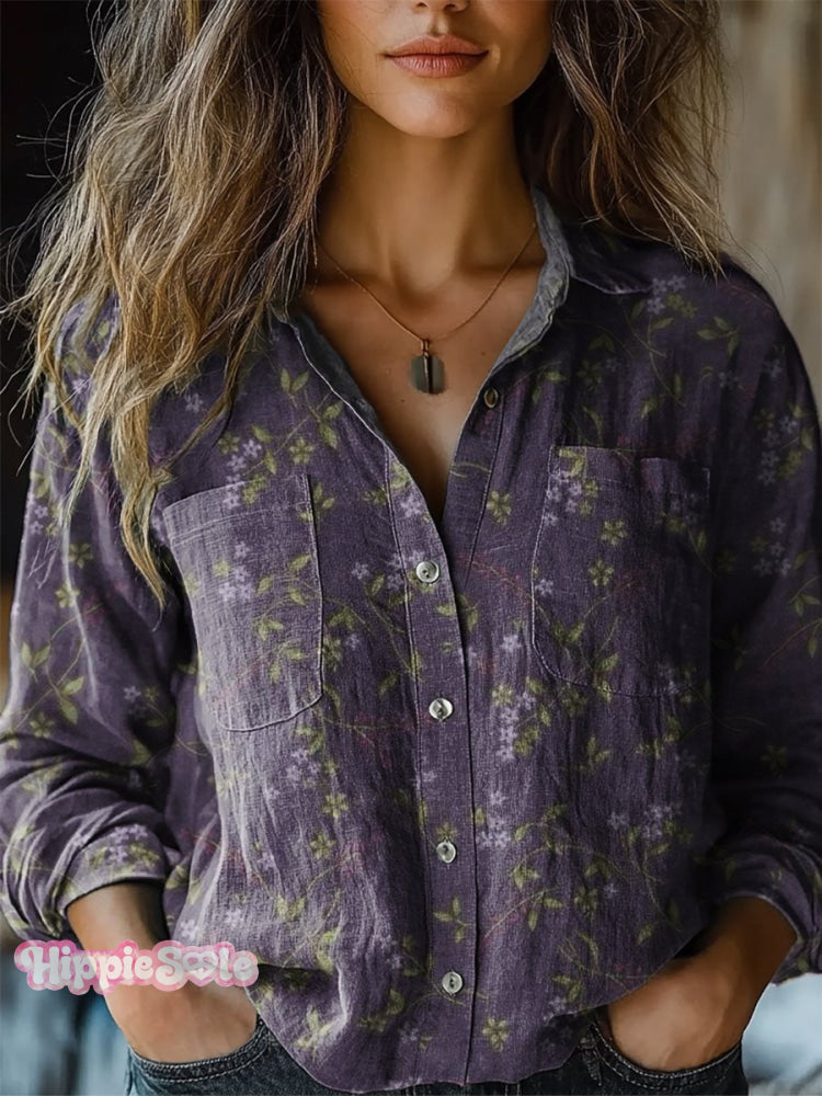 Women’s Retro Folk Floral Art Patterns Long Sleeve Comfortable Cotton Shirt Multicolor / S