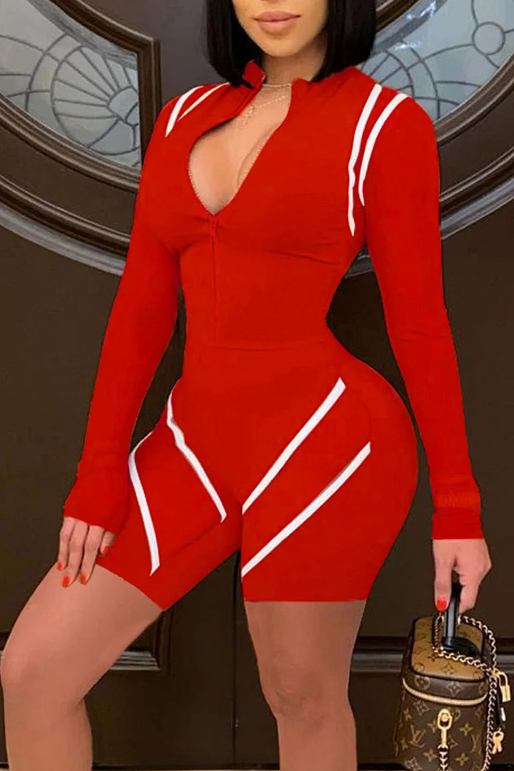 Red Sexy Solid Patchwork Zipper Collar Skinny Jumpsuits