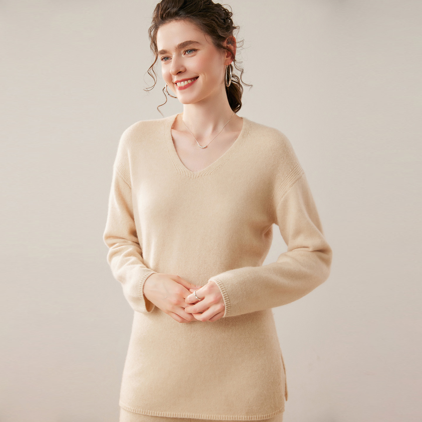 Women's Cashmere Set V-Neck Sweater & Wide-Leg Pants REAL SILK LIFE