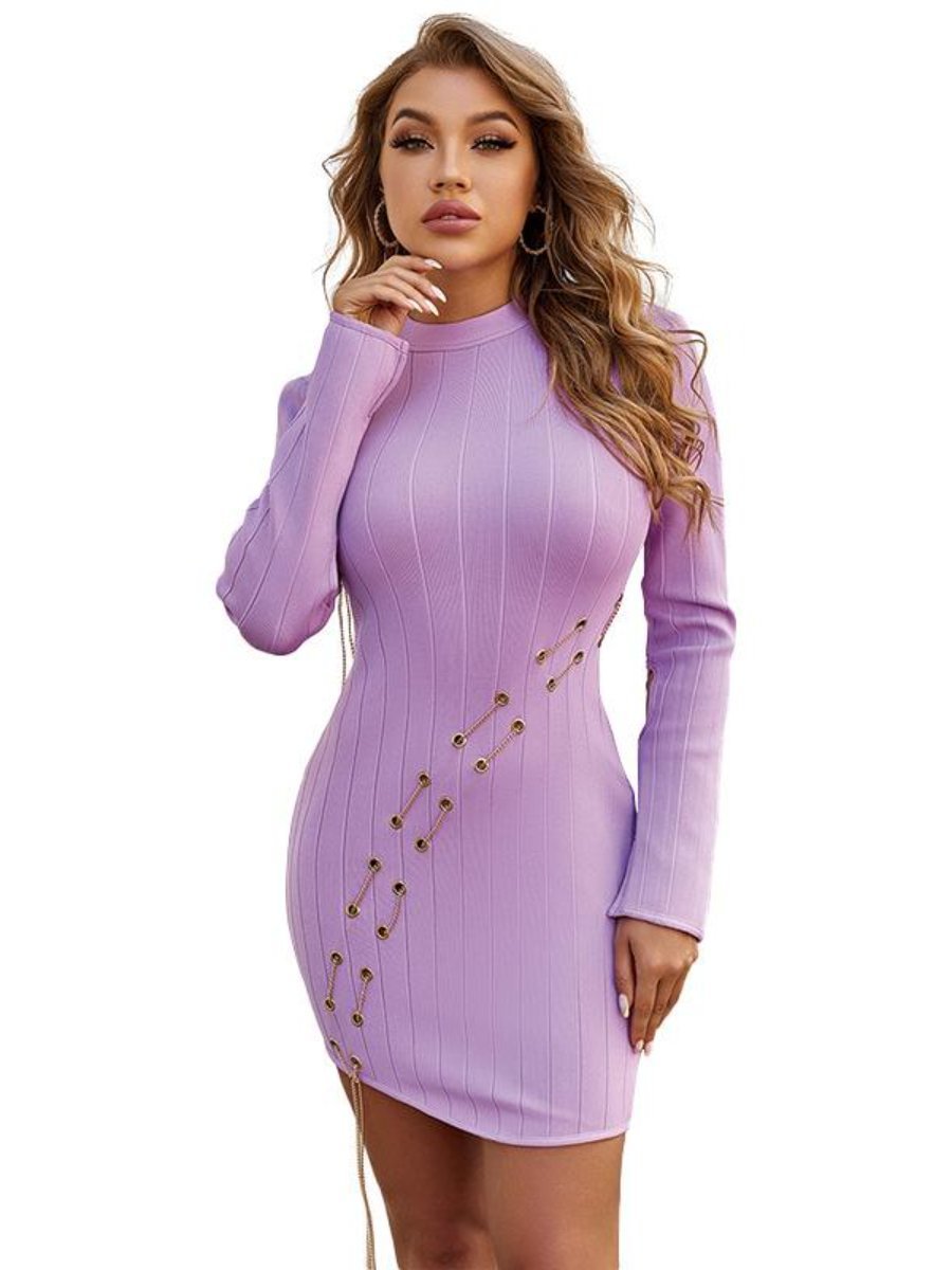 Women's Knitted Dress Half Neck Hollow Out Metal Tie Bodycon Dress