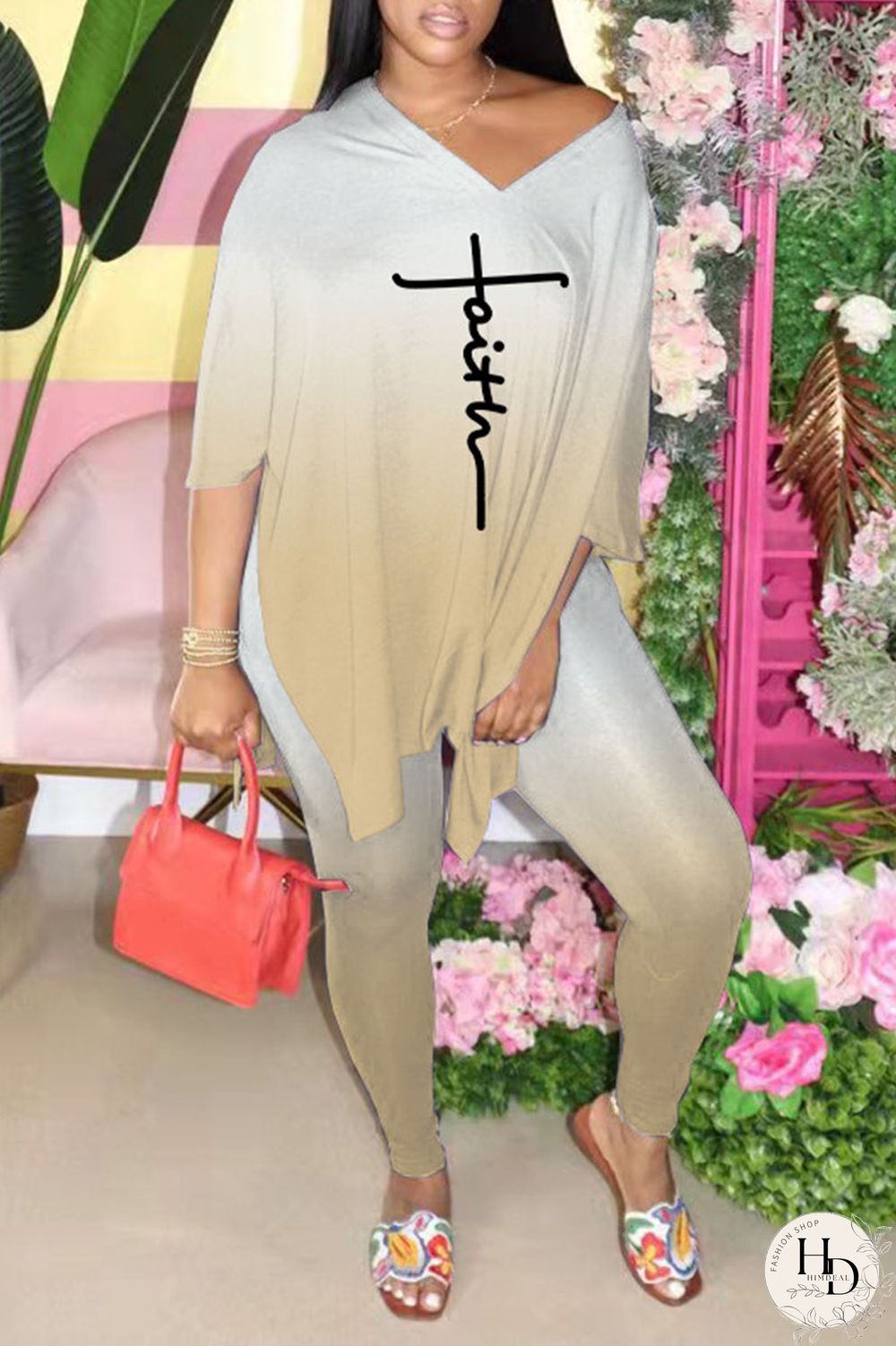 Blue Casual Gradual Change Print Patchwork Slit V Neck Half Sleeve Two Pieces