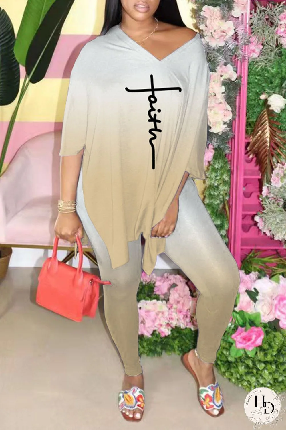 Blue Casual Gradual Change Print Patchwork Slit V Neck Half Sleeve Two Pieces