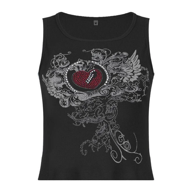 Brownm Brownm Women's Personality Hot Diamond Print Tight Round Collar Vest Sports Bottom Top