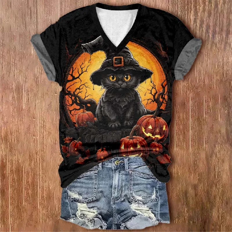 Full Moon Cute Wizard Hat Cat Pumpkin  V-neck T-shirt