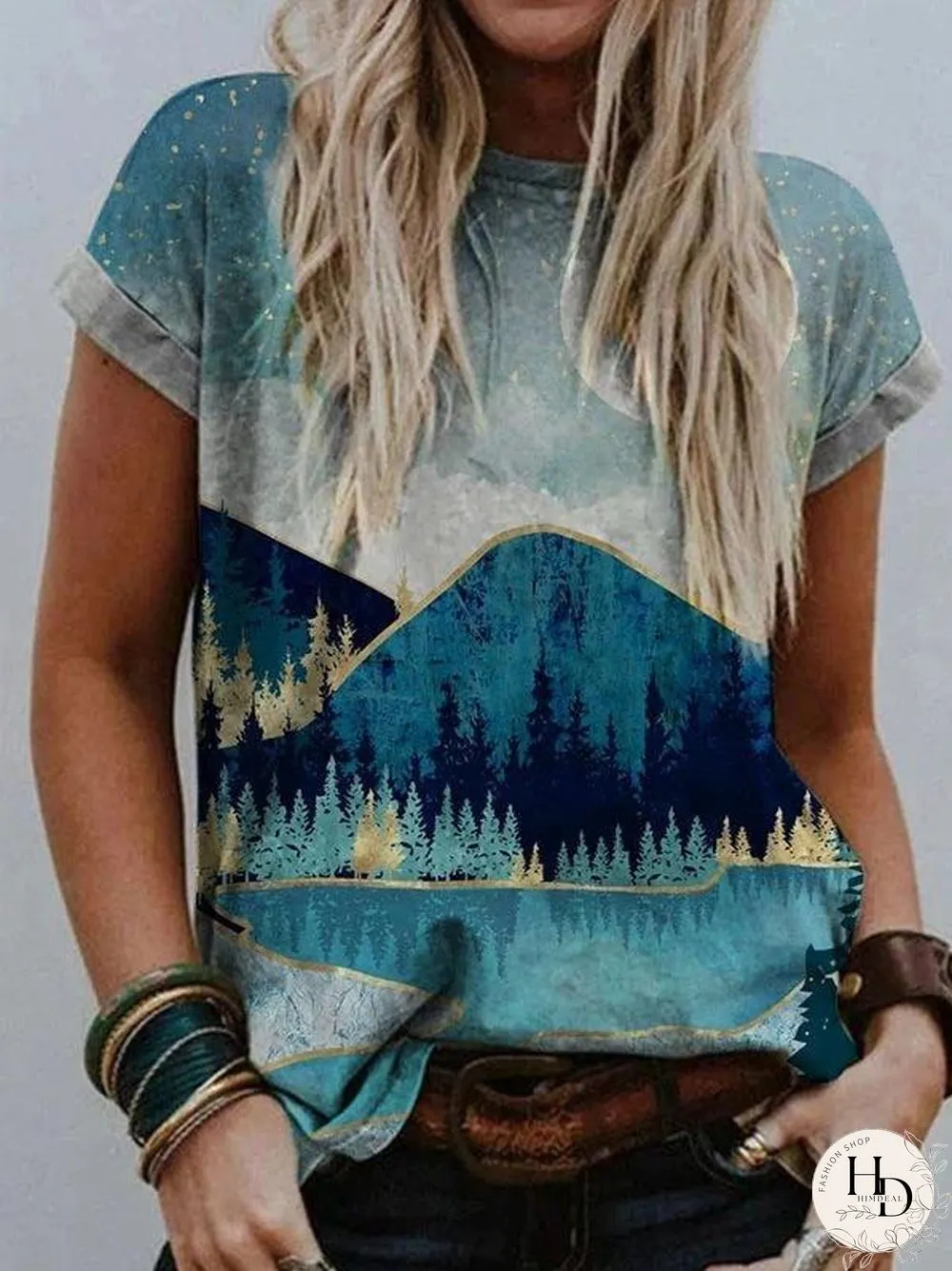 Summer Mountains-And-Waters Painting Short Sleeve Top