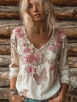 Bohemian Style Floral And Butterfly Pattern Women's Long Sleeves  T-shirt