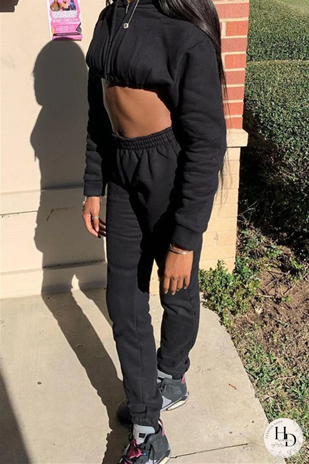 Black Fashion Casual Solid Basic Hooded Collar Long Sleeve Two Pieces