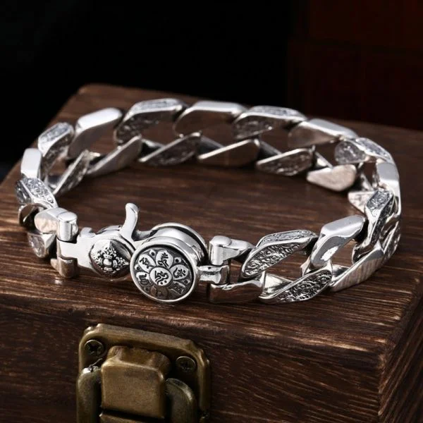 Sterling Silver Six Character Truth Vajra Curb Chain Bracelet