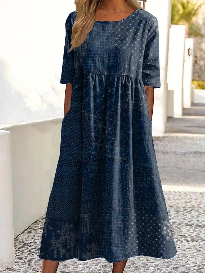 Vintage Sashiko Art Print Round Neck Pocket Midi Dress