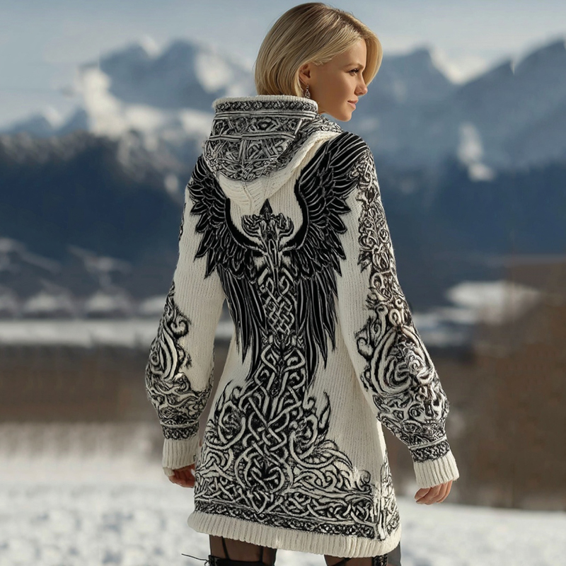 Women's Viking Wing Art Knit Cozy Hooded Jacket elevenforest