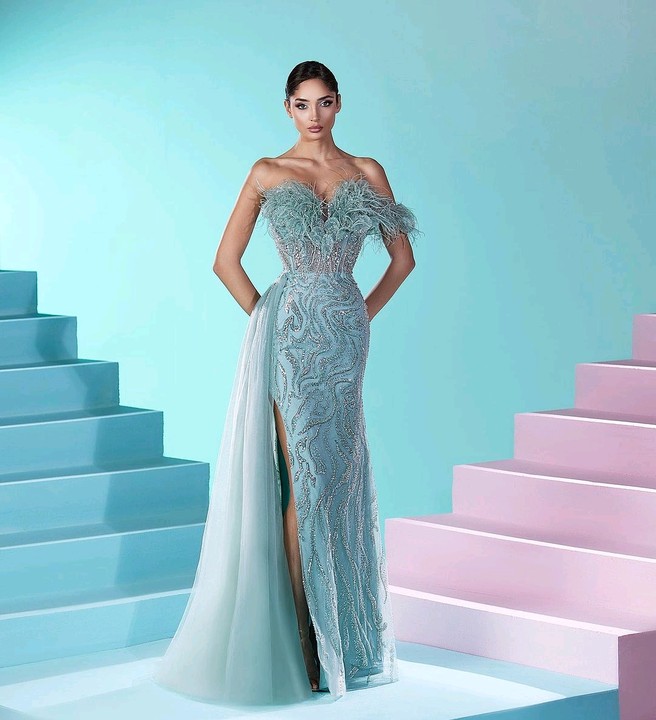 Oknass Gorgeous Dusty Blue Strapless Sleeveless Split Prom Dress With Feathers