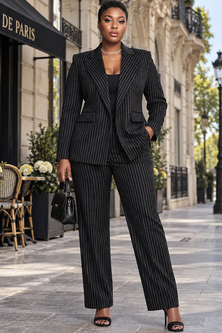 Xpluswear Design Plus Size Business Casual Elegant Black Striped Lapel Collar Long Sleeve Pocket Two Piece Pant Suits [Pre-Order] 2024 - Xpluswear
