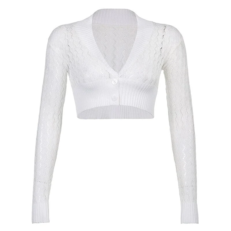 HEYounGIRL V Neck Cute Cropped Knitted Sweater Autumn Casual White Cardigan Women Kawaii Long Sleeve Jumpers Ladies Knitwear Y2K