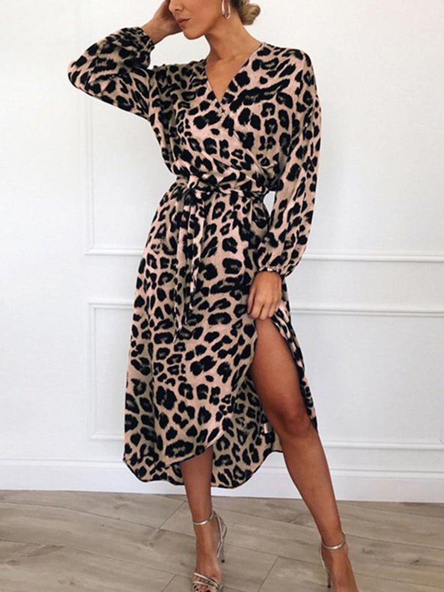 Leopard Dress Chiffon Long Sleeve Deep V-neck A-line Dress