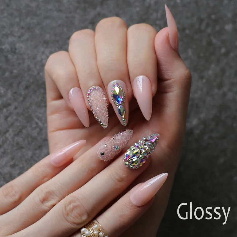 Luxury crystal cute New design Glitter V french Almond Fake nails nude  Natural False nails with box press on nails-Nail Inspo