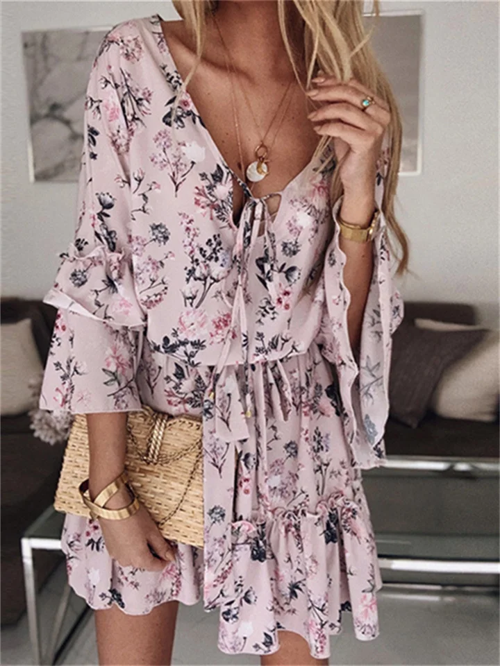 Spring and Summer Temperament Commuter Print Ruffle Skirt Chiffon Pink Set Head Thin Cotton Short Skirt Mid-waist Flared Sleeve Dress-Cosfine