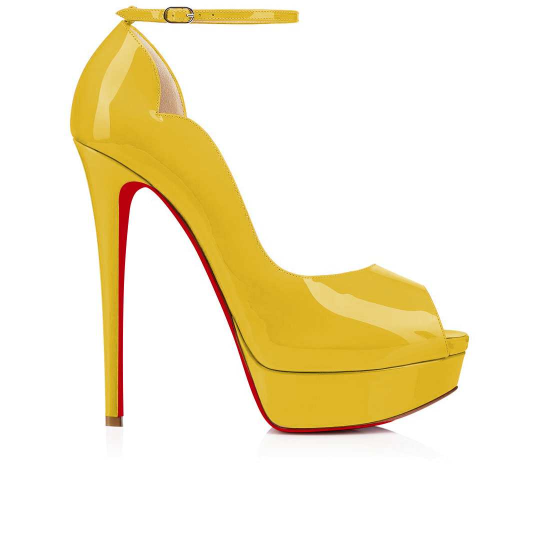 150mm Red Bottom Sky High Platform Ankle strap Pumps Yellow Patent-MERUMOTE