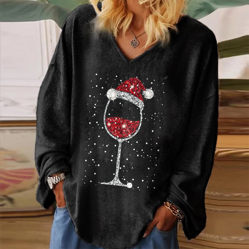 Christmas Wine Glass Snow Printed V-neck Women's T-shirt