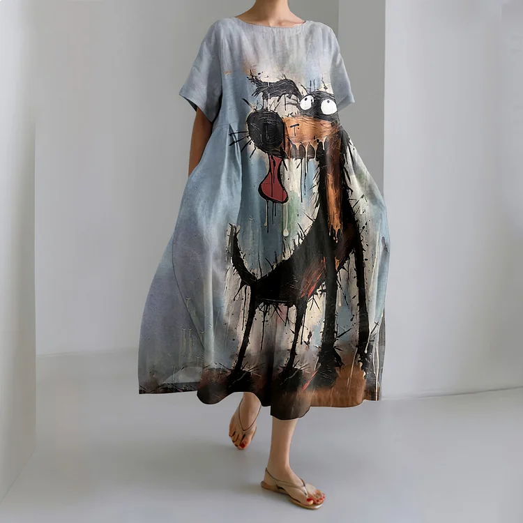 Art Dog Print Short Sleeve Loose Midi Dress