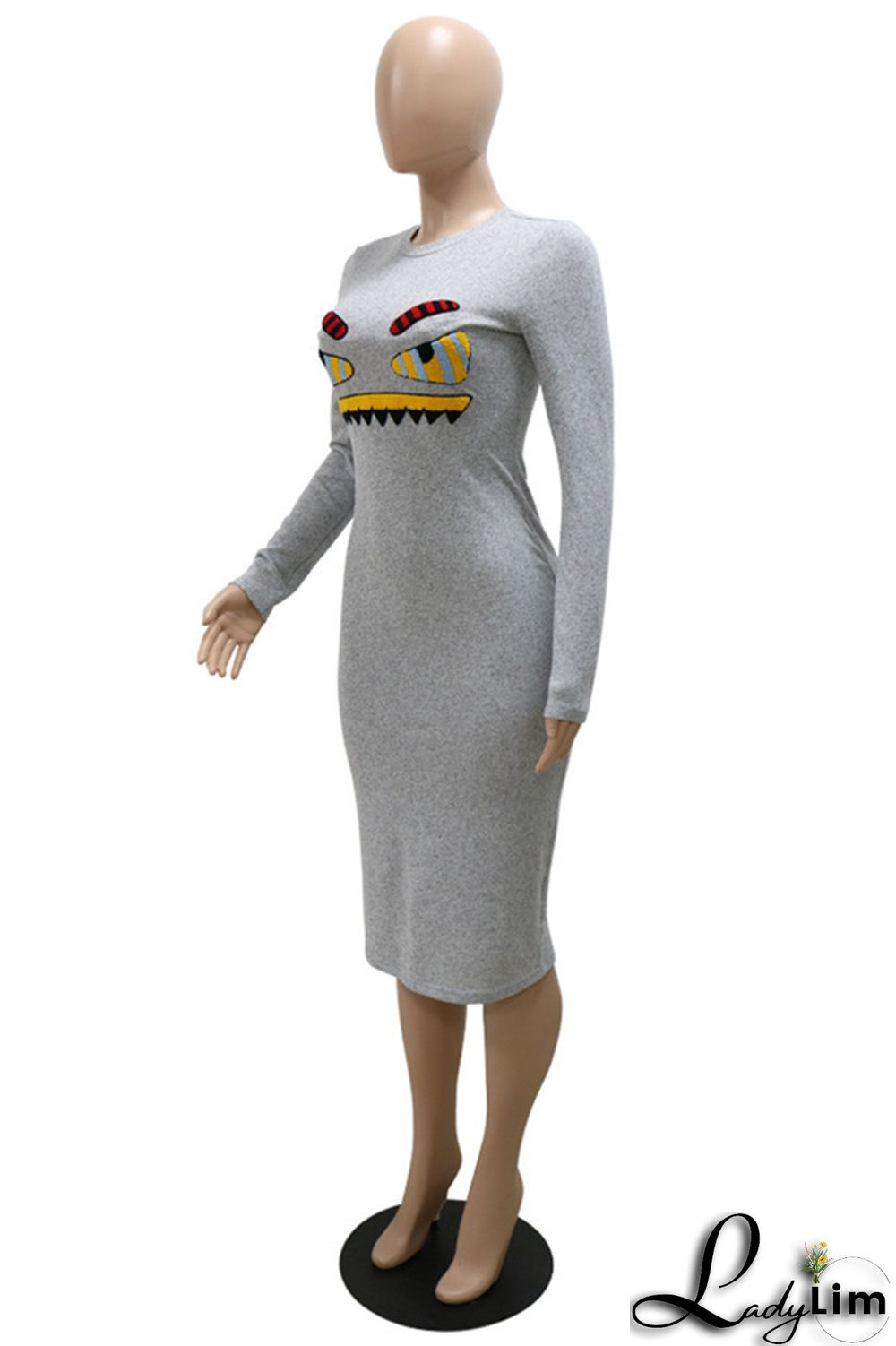 Grey Fashion Casual Print Basic O Neck Long Sleeve Dresses