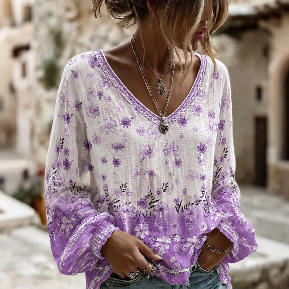 Comstylish Women's Gradient Floral Print Loose Retro Round Neck Long Sleeve T-shirt