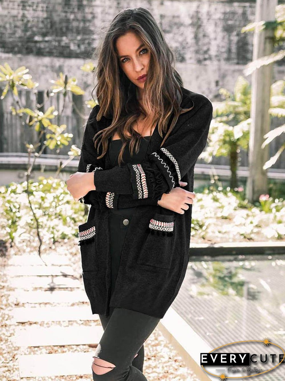 Front Open Long Sleeves Pocketed Cardigan Sweater