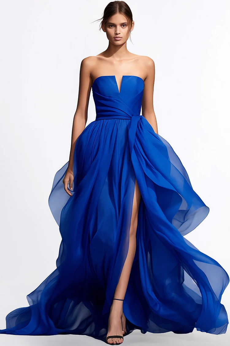 Zaruci Wedding Guest Royal Blue Chiffon Strapless Slit Maxi Dress [Pre-Order]