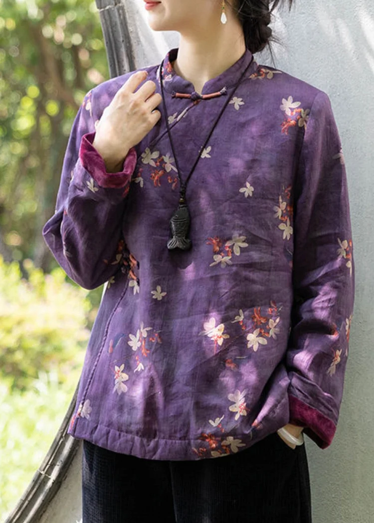 Chinese Style Purple Stand Collar Print Warm Fleece Blouses Winter