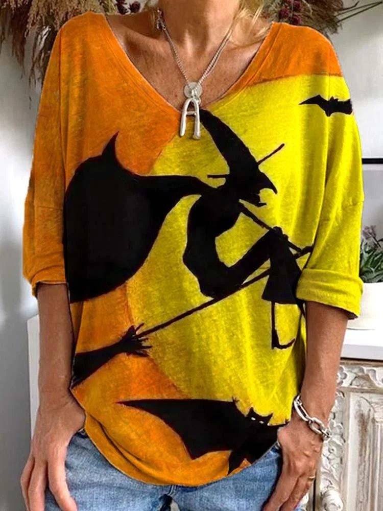Women's V-Neck Halloween Witch Bat Printed Long Sleeved Casual Top