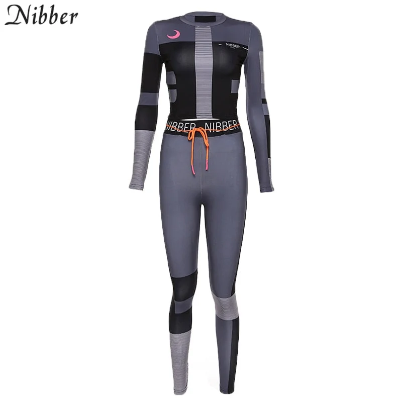 Nibber black Patchwork leisure sportswear 2two pieces sets womens  print elastic skinny leggings crop tops jogging Active suits