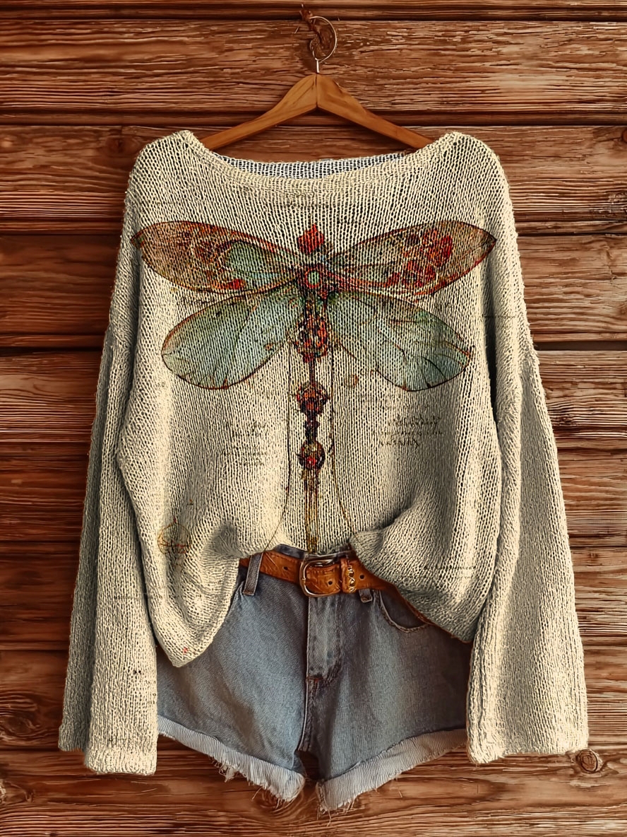 Women's Vintage Ethnic Dragonfly Tattoo Pattern Art Print Casual Pullover Sweater
