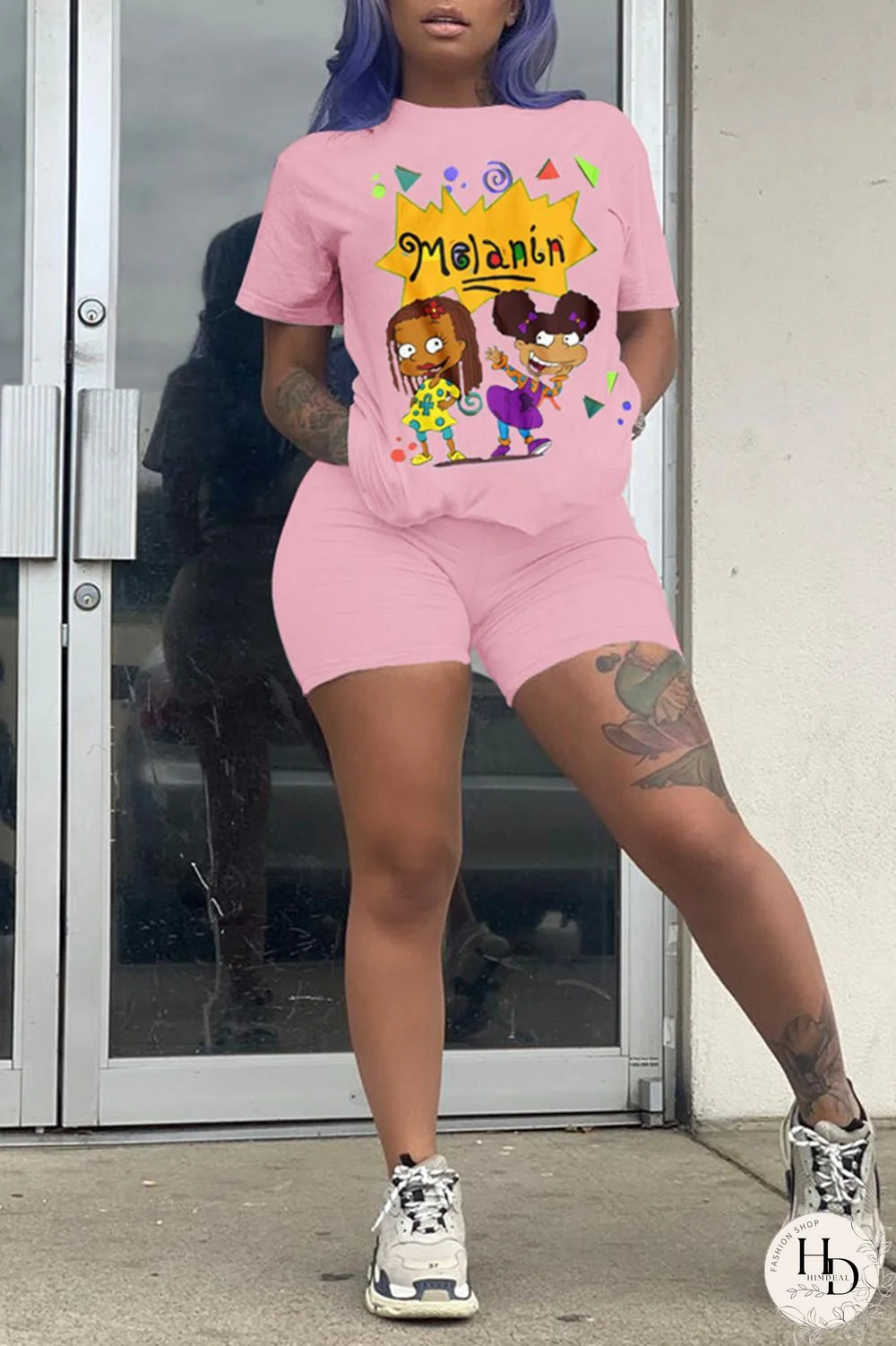 Yellow Fashion Casual Printed Short Sleeve Top Set